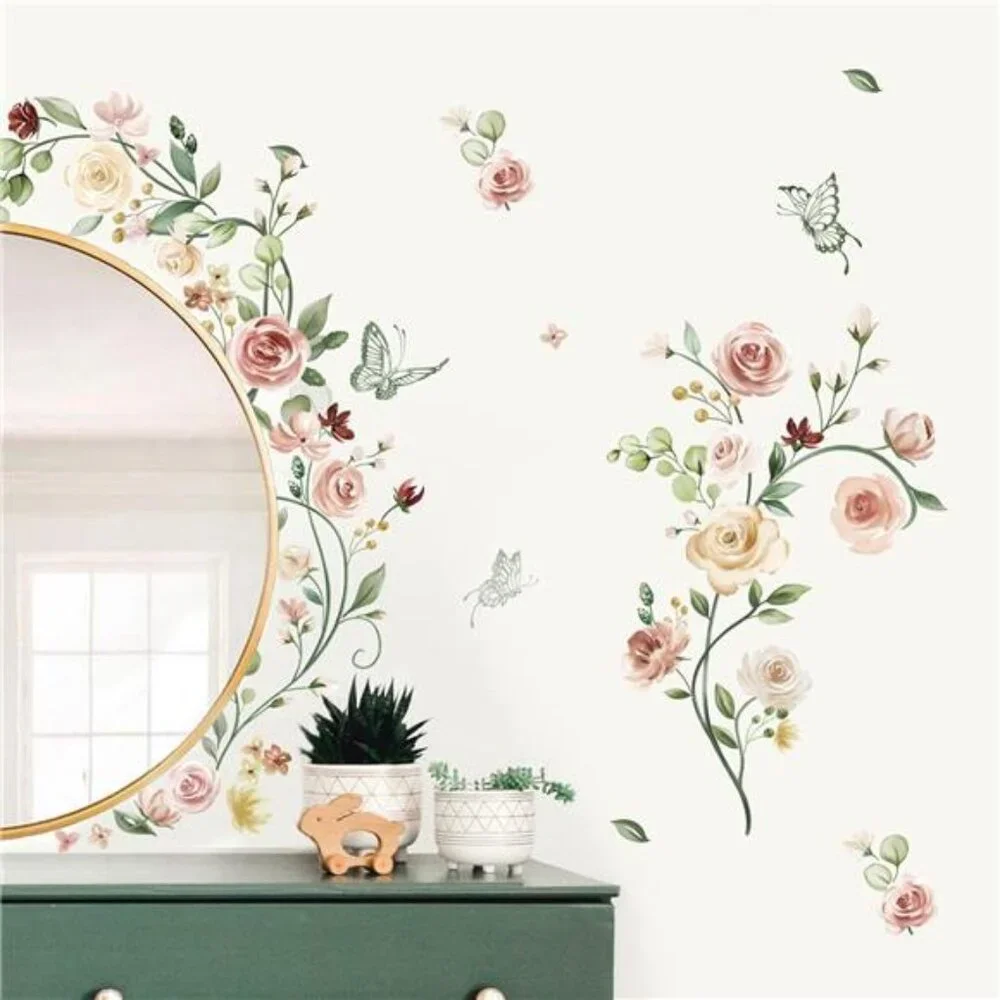 Rose Vine Wall Stickers Watercolor Floral Peel Stick Bedroom Living Room